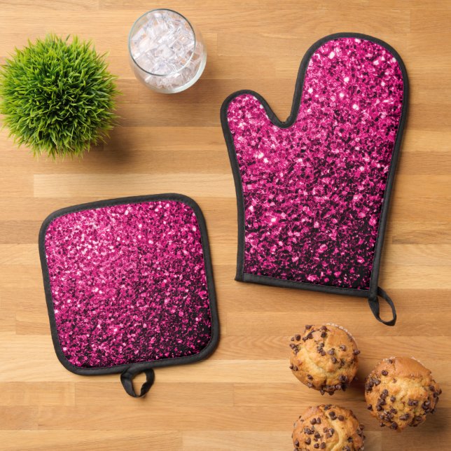 Hot pink faux glitter sparkles oven mitt & pot holder set (Top Down)