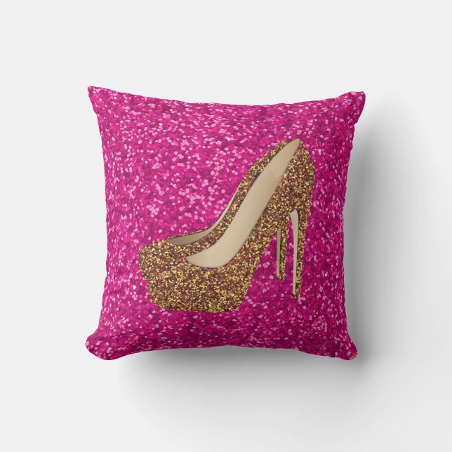 Hot Pink Faux Gold Glitter | High Heels Shoes Glam Cushion (Front)