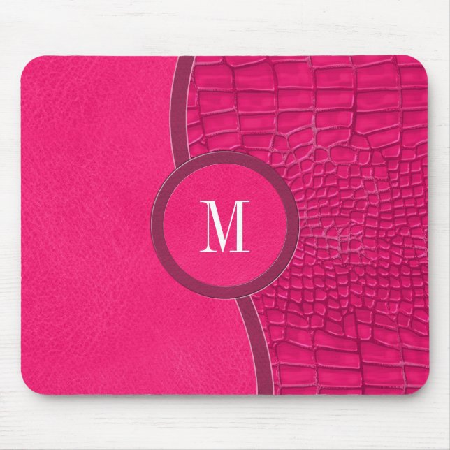 Hot Pink Faux Leather Alligator Skin Chic Monogram Mouse Mat (Front)