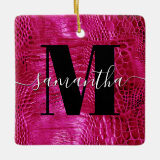 Hot Pink Faux Leather Monogram Photo Ceramic Ornament