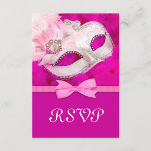 Hot Pink Feather Mask Masquerade Party RSVP