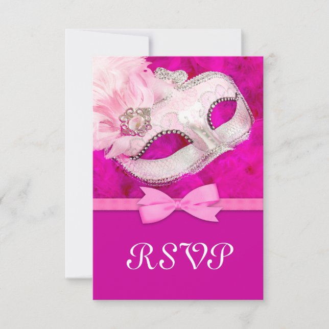Hot Pink Feather Mask Masquerade Party RSVP Card (Front)