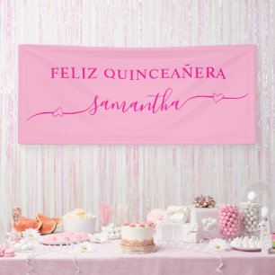 Hot Pink Feliz Quinceañera Heart Swash Name Banner