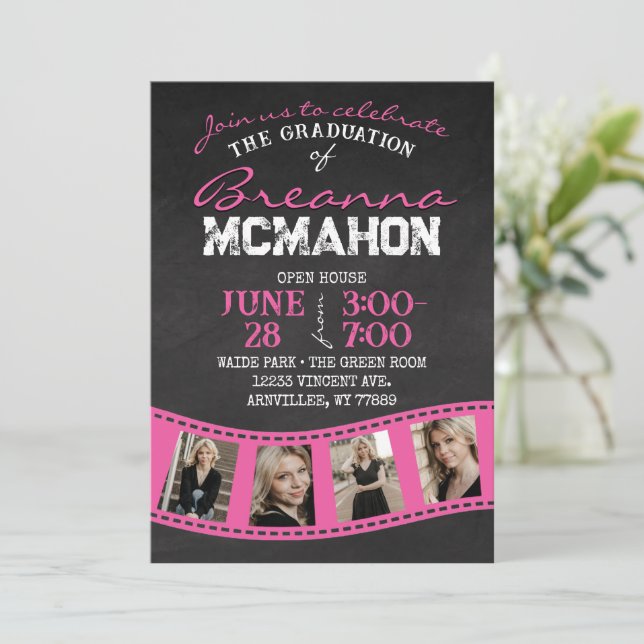 Hot Pink Filmstrip Chalkboard Grad Invitation (Standing Front)