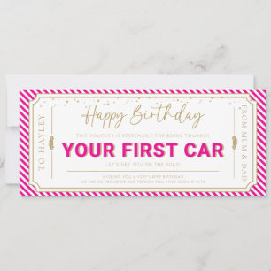 Hot Pink First Car Birthday Gift Voucher Card