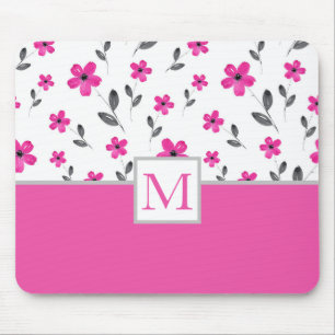 Hot Pink Five Petal Watercolor Flower Pattern Mouse Mat