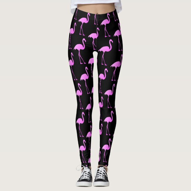 Hot pink flamingo bird print yoga and workout leggings (Front)