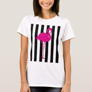 Hot Pink Flamingo on Black and White Stripe T-Shirt