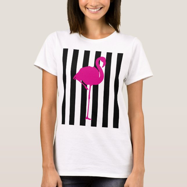 Hot Pink Flamingo on Black and White Stripe T-Shirt (Front)