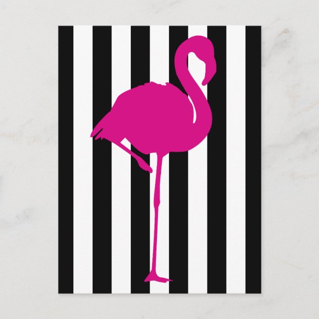 Hot Pink Flamingo on Black and White Stripes Postcard (Front)