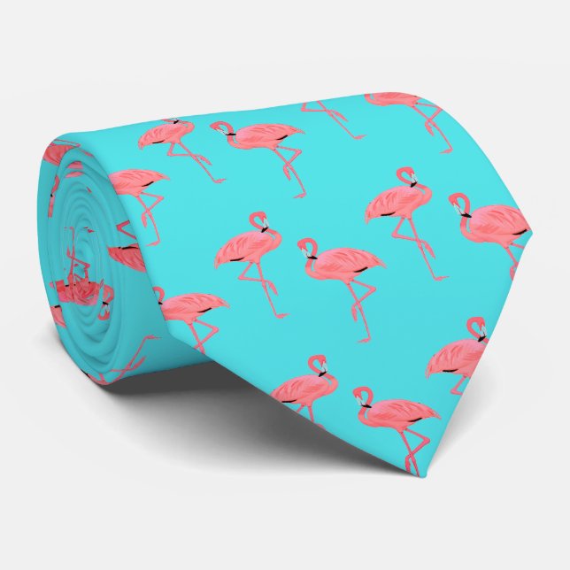 Hot Pink Flamingo Pattern on Turquoise Tie (Rolled)