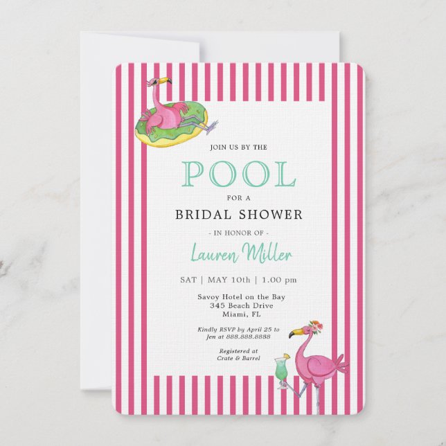 Hot pink Flamingo POOL party  Bridal shower  Invitation (Front)