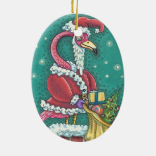 HOT PINK FLAMINGO SANTA,  CHRISTMAS ORNAMENT Oval