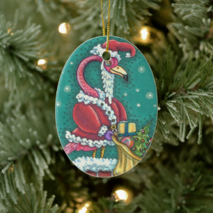 HOT PINK FLAMINGO SANTA,  CUTE CHRISTMAS BIRD 2019 CERAMIC TREE DECORATION