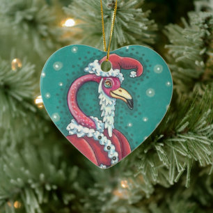 HOT PINK FLAMINGO SANTA, FUNNY CHRISTMAS BIRD 2019 CERAMIC TREE DECORATION