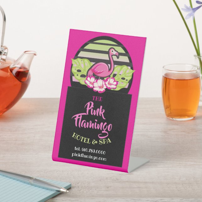 HOT PINK FLAMINGO Tropical Leaves Party Gift Favou Pedestal Sign (In SItu)