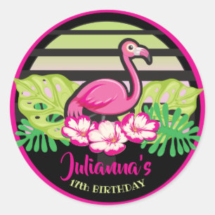 HOT PINK FLAMINGO Tropical Leaves Round Label Seal