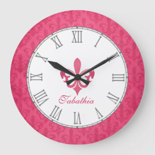 Hot pink fleur de lis damask name wall clock