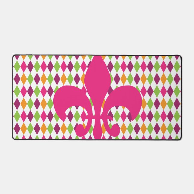 Hot Pink Fleur De Lis Diamond Pattern Desk Mat (Front)