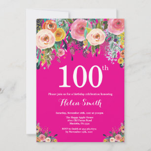 Hot Pink Floral 100th Birthday Invitation