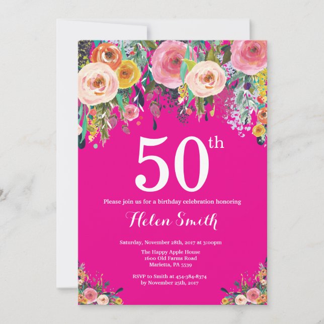 Hot Pink Floral 50th Birthday Invitation (Front)