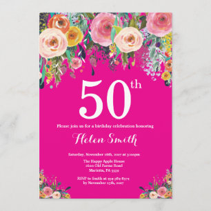 Hot Pink Floral 50th Birthday Invitation