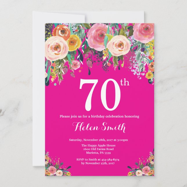 Hot Pink Floral 70th Birthday Invitation (Front)
