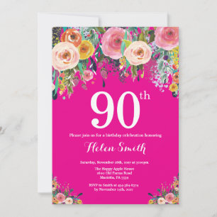 Hot Pink Floral 90th Birthday Invitation