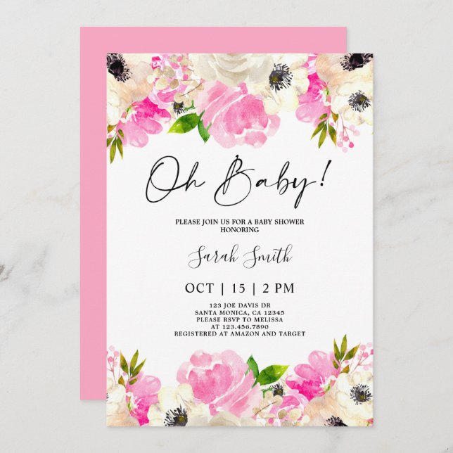 Hot pink floral anemone Baby Shower girl Invitation (Front/Back)