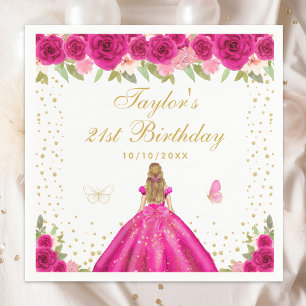 Hot Pink Floral Blonde Hair Girl Birthday Party Napkin