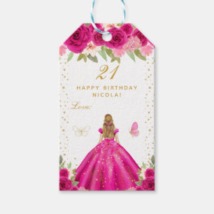 Hot Pink Floral Blonde Hair Girl Happy Birthday Gift Tags