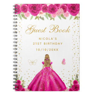 Hot Pink Floral Blonde Hair Princess Birthday  Notebook