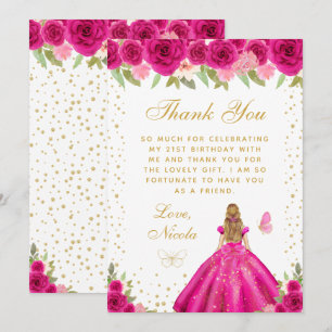 Hot Pink Floral Blonde Hair Princess Birthday Thank You Card