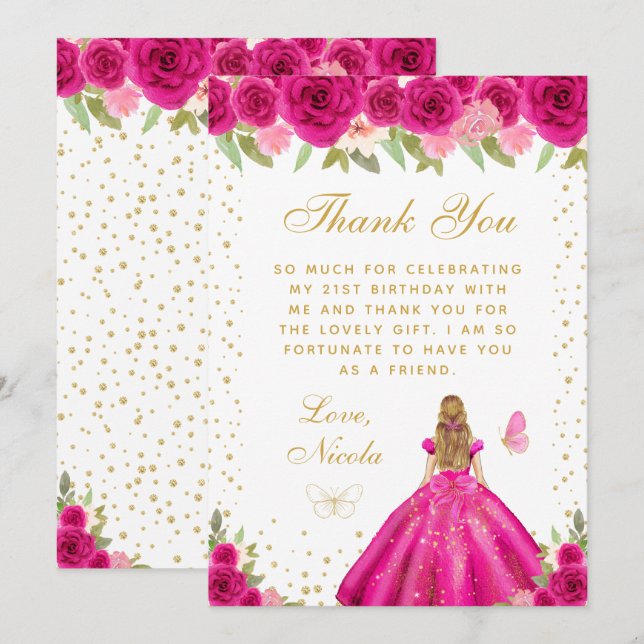 Hot Pink Floral Blonde Hair Princess Birthday Thank You Card (Front/Back)