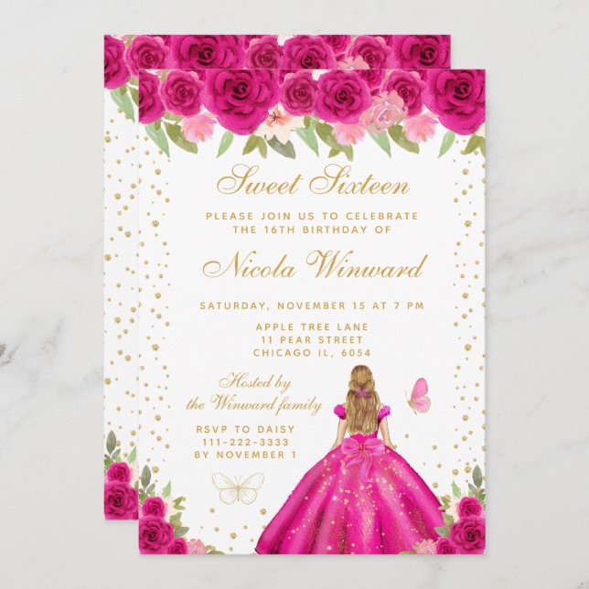 Hot Pink Floral Blonde Hair Princess Sweet Sixteen Invitation (Front/Back)