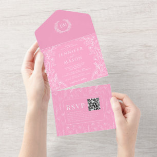 Hot pink floral bohemian wedding all in one invitation
