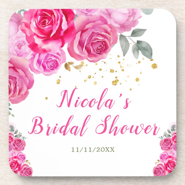 Hot Pink Floral Bridal Shower Coaster (Front)