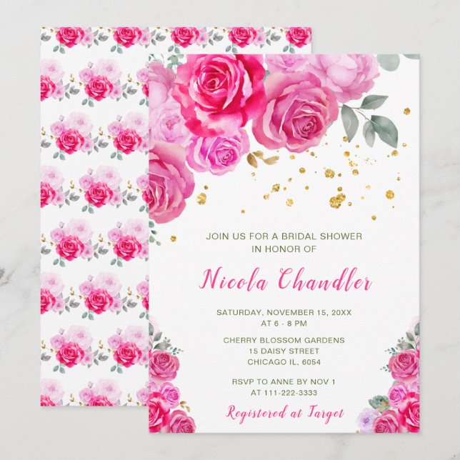 Hot Pink Floral Bridal Shower Invitation (Front/Back)