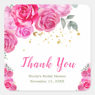 Hot Pink Floral Bridal Shower Square Sticker