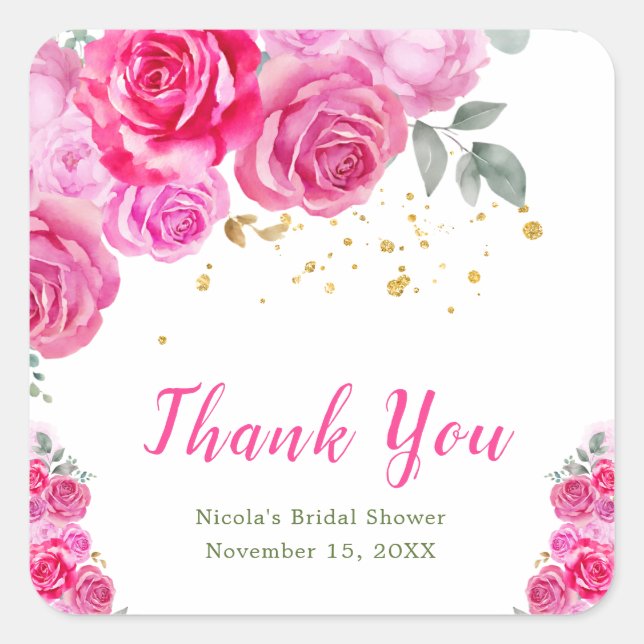 Hot Pink Floral Bridal Shower Square Sticker (Front)