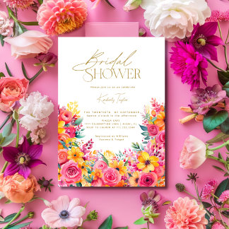 Hot Pink Floral Bright Flowers Bridal Shower Invitation