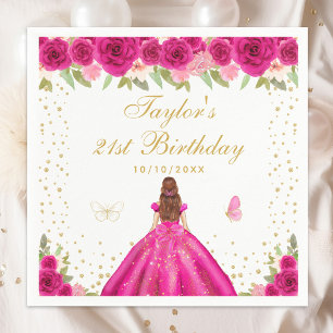 Hot Pink Floral Brown Hair Girl Birthday Party Napkin