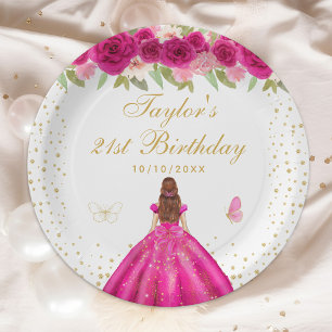 Hot Pink Floral Brown Hair Girl Birthday Party Paper Plate