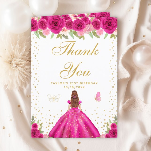 Hot Pink Floral Brown Hair Girl Birthday Party Thank You Card (Creator Uploaded)