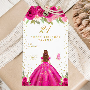 Hot Pink Floral Brown Hair Girl Happy Birthday Gift Tags