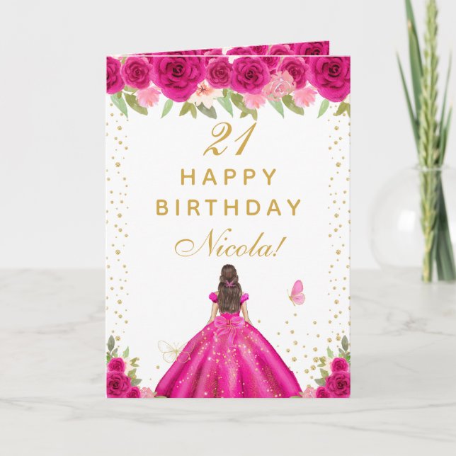 Hot Pink Floral Brunette Hair Girl Birthday Card (Front)