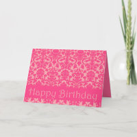 Hot Pink Floral Damask Happy Birthday Card