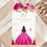 Hot Pink Floral Dark Skin Girl Happy Birthday Gift Tags<br><div class="desc">This elegant and glamourous happy birthday gift tag can be personalised with a name. The design features a beautiful princess with dark hair and dark skin in a hot pink ball gown. The text combines handwritten script and modern sans serif fonts for a classy and sophisticated look. The floral arrangements,...</div>