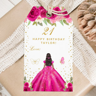 Hot Pink Floral Dark Skin Girl Happy Birthday Gift Tags