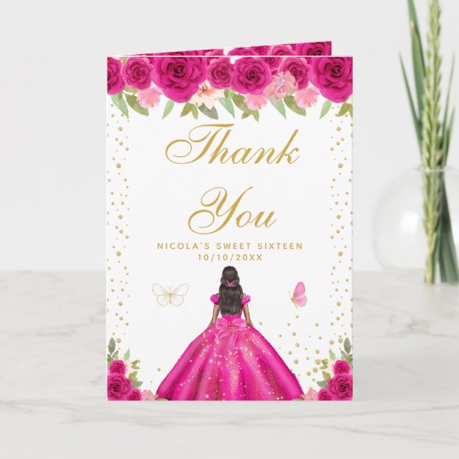 Hot Pink Floral Dark Skin Girl Sweet Sixteen Thank You Card (Front)